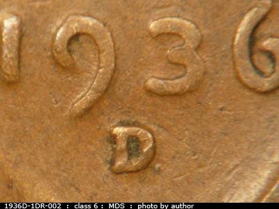 Die-stage B marker on 1936D•1DR•002 (1936 Doubled Die Reverse).