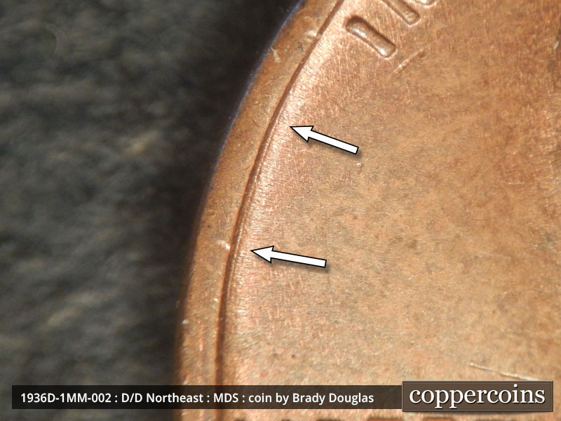 Die-stage B marker on 1936D•1MM•002 (1936 Repunched Mint Mark).
