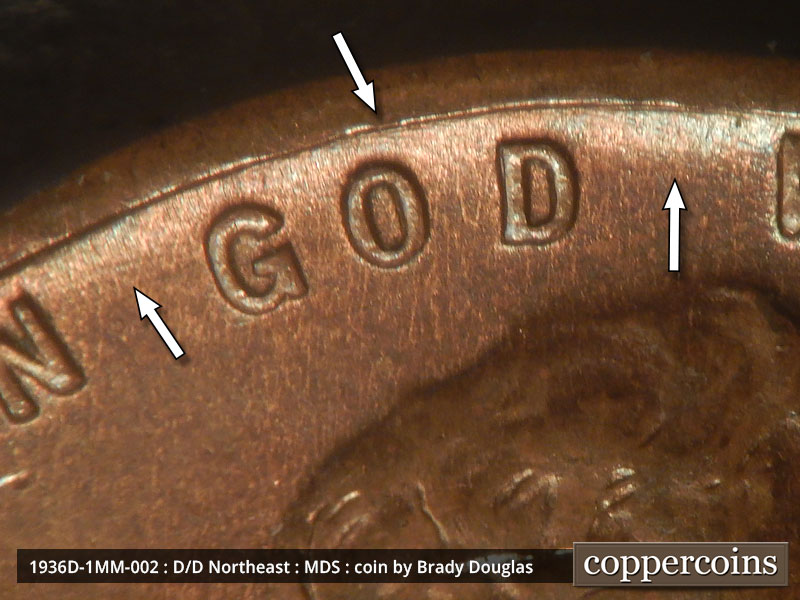 Die-stage B marker on 1936D•1MM•002 (1936 Repunched Mint Mark).