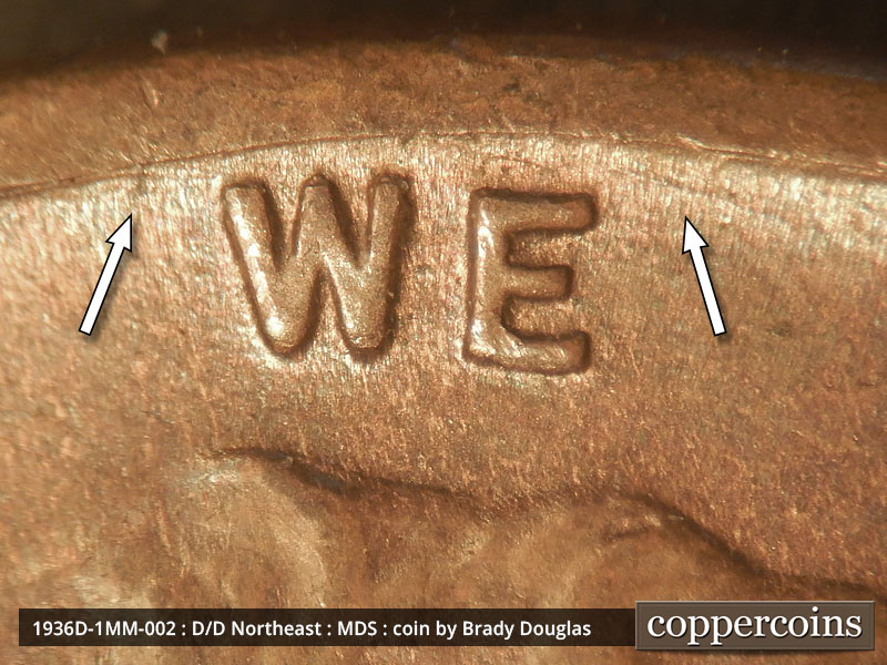 Die-stage B marker on 1936D•1MM•002 (1936 Repunched Mint Mark).