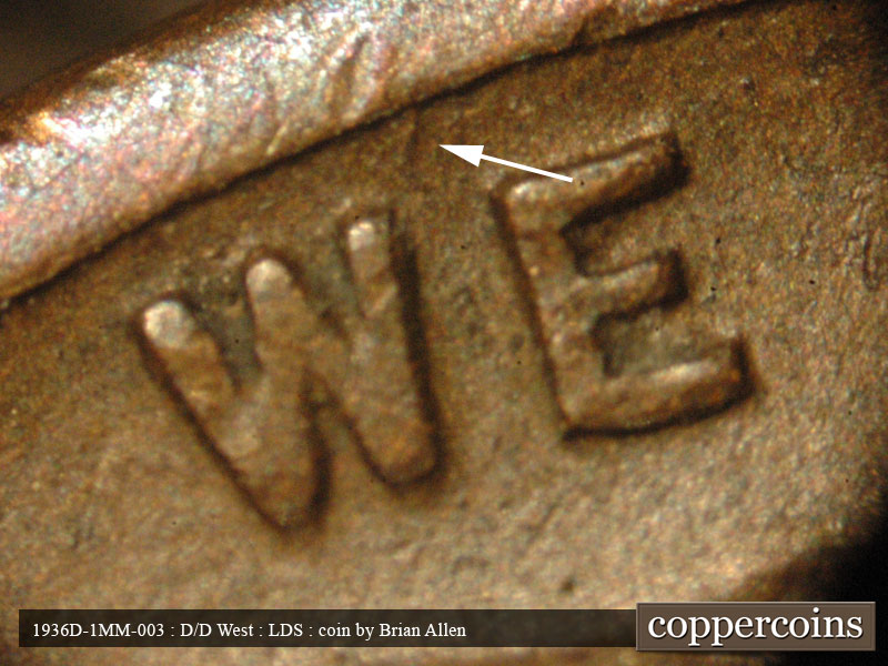 Die-stage C marker on 1936D•1MM•003 (1936 Repunched Mint Mark).