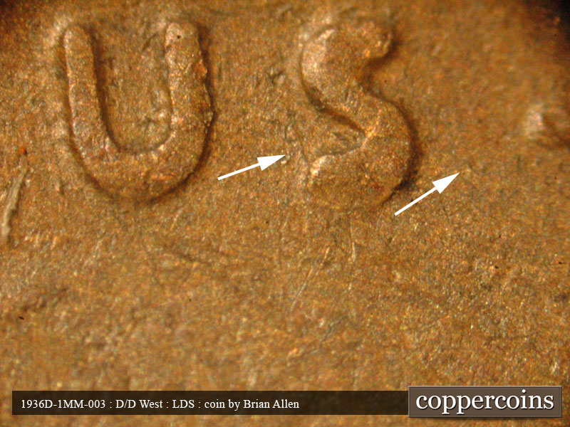 Die-stage C marker on 1936D•1MM•003 (1936 Repunched Mint Mark).