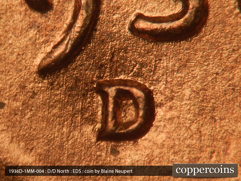 Die-stage A marker on 1936D•1MM•004 (1936 Repunched Mint Mark).