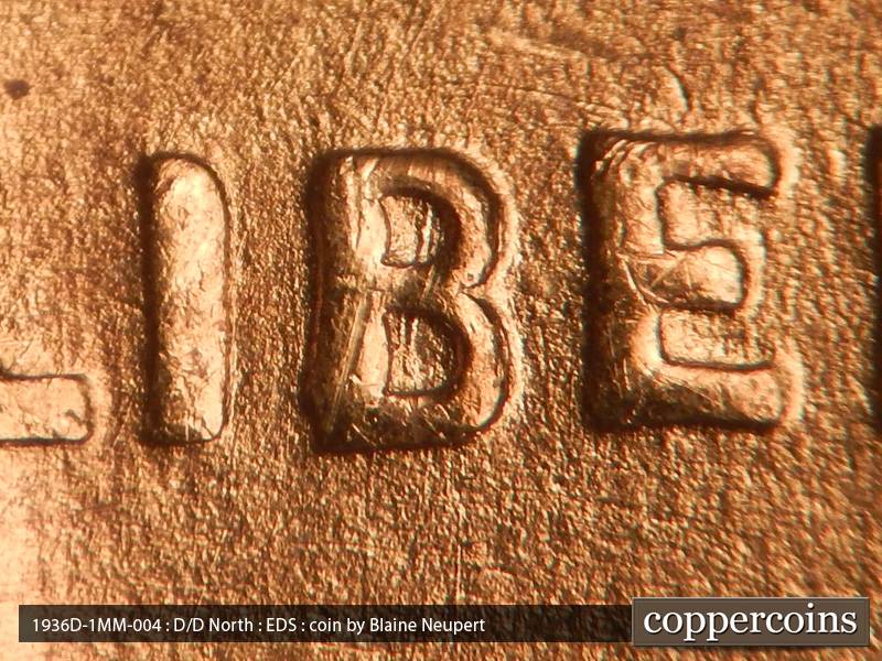 Die-stage A marker on 1936D•1MM•004 (1936 Repunched Mint Mark).
