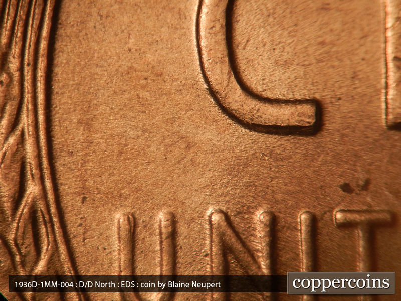 Die-stage A marker on 1936D•1MM•004 (1936 Repunched Mint Mark).