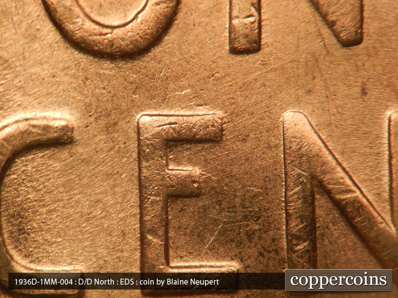 Die-stage A marker on 1936D•1MM•004 (1936 Repunched Mint Mark).