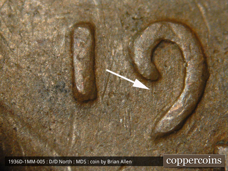 Die-stage B marker on 1936D•1MM•005 (1936 Repunched Mint Mark).