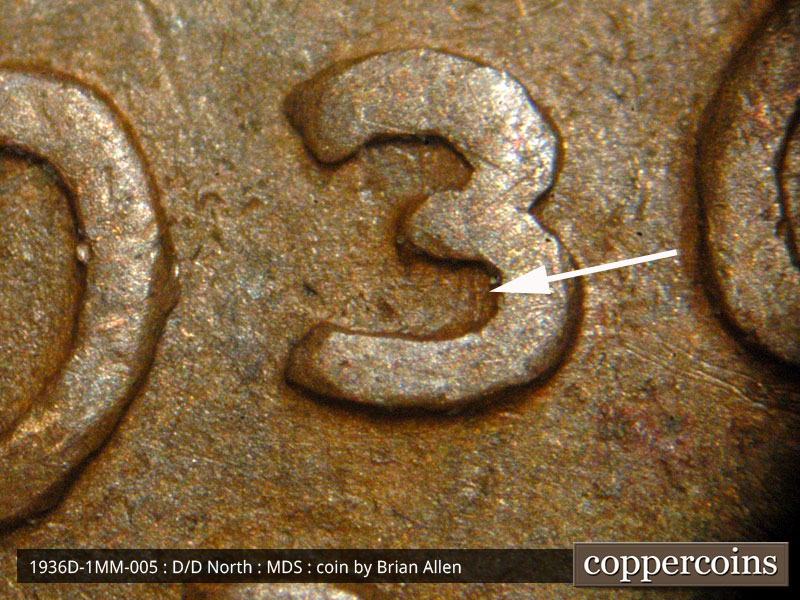 Die-stage B marker on 1936D•1MM•005 (1936 Repunched Mint Mark).