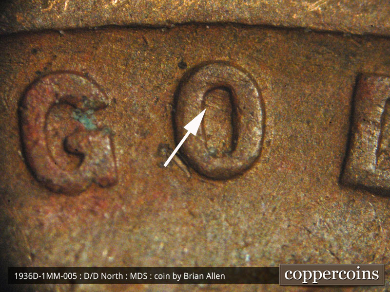 Die-stage B marker on 1936D•1MM•005 (1936 Repunched Mint Mark).
