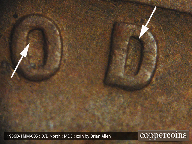 Die-stage B marker on 1936D•1MM•005 (1936 Repunched Mint Mark).