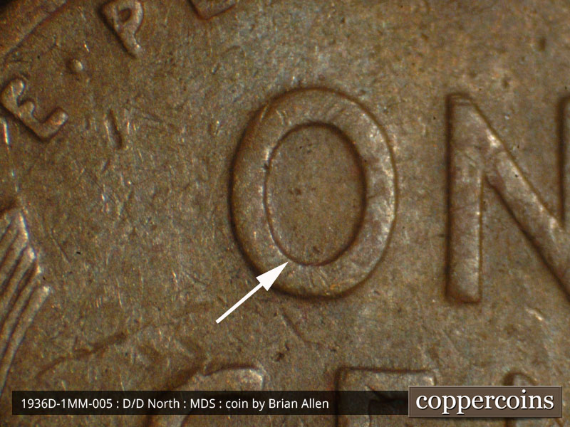 Die-stage B marker on 1936D•1MM•005 (1936 Repunched Mint Mark).