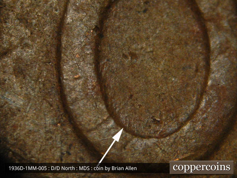 Die-stage B marker on 1936D•1MM•005 (1936 Repunched Mint Mark).
