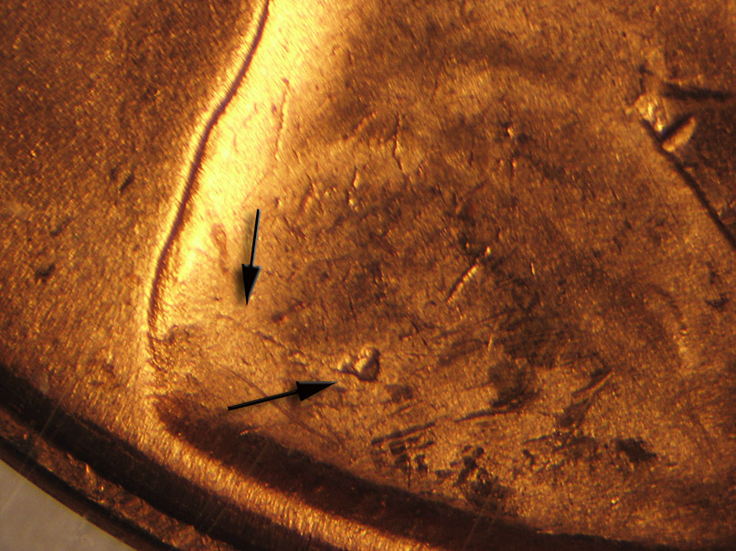Die-stage B marker on 1936P•1DO•001 (1936 Doubled Die Obverse).