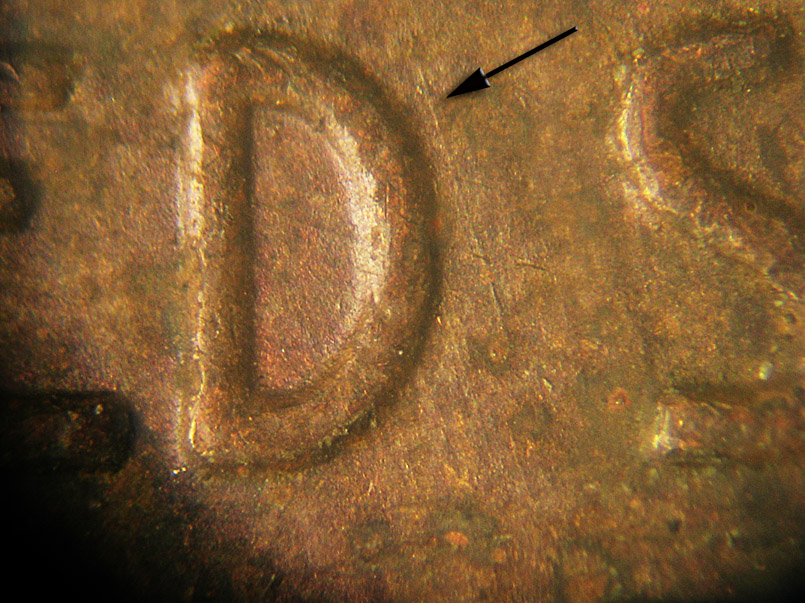 Die-stage B marker on 1936P•1DO•001 (1936 Doubled Die Obverse).