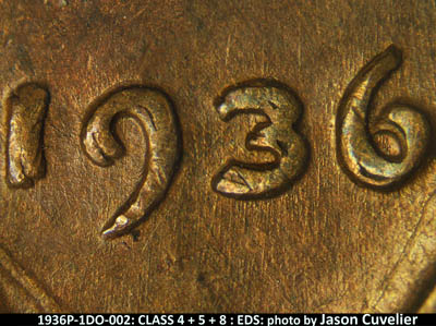 Die-stage A marker on 1936P•1DO•002 (1936 Doubled Die Obverse).