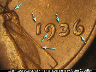 Die-stage A marker on 1936P•1DO•002 (1936 Doubled Die Obverse).