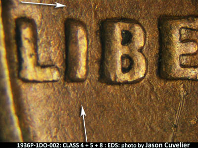 Die-stage A marker on 1936P•1DO•002 (1936 Doubled Die Obverse).