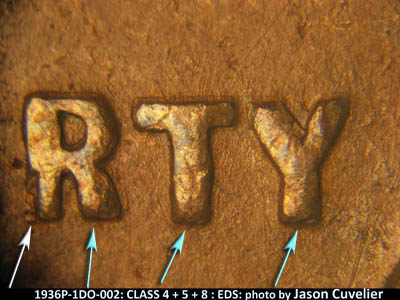 Die-stage A marker on 1936P•1DO•002 (1936 Doubled Die Obverse).