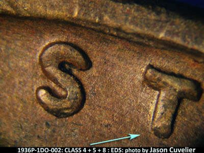 Die-stage A marker on 1936P•1DO•002 (1936 Doubled Die Obverse).