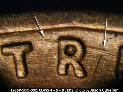 Die-stage A marker on 1936P•1DO•002 (1936 Doubled Die Obverse).