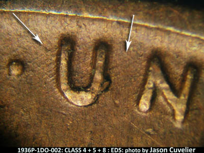 Die-stage A marker on 1936P•1DO•002 (1936 Doubled Die Obverse).
