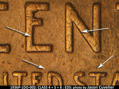 Die-stage A marker on 1936P•1DO•002 (1936 Doubled Die Obverse).