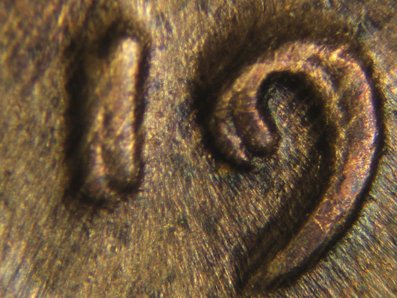 Die-stage B marker on 1936P•1DO•002 (1936 Doubled Die Obverse).