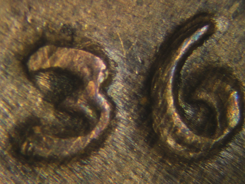 Die-stage B marker on 1936P•1DO•002 (1936 Doubled Die Obverse).