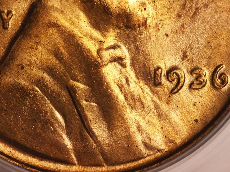 Die-stage C marker on 1936P•1DO•002 (1936 Doubled Die Obverse).