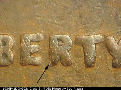Die-stage B marker on 1936P•1DO•003 (1936 Doubled Die Obverse).