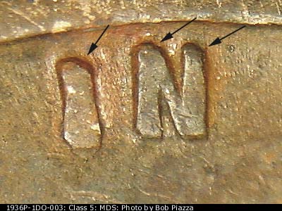 Die-stage B marker on 1936P•1DO•003 (1936 Doubled Die Obverse).