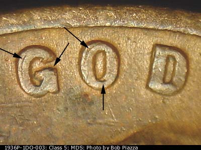 Die-stage B marker on 1936P•1DO•003 (1936 Doubled Die Obverse).