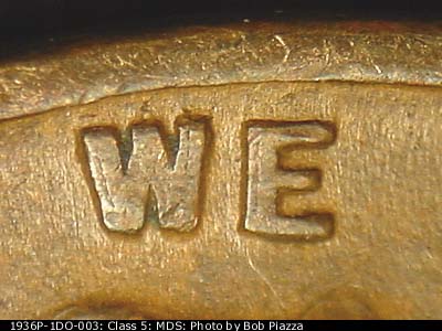 Die-stage B marker on 1936P•1DO•003 (1936 Doubled Die Obverse).