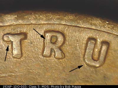 Die-stage B marker on 1936P•1DO•003 (1936 Doubled Die Obverse).