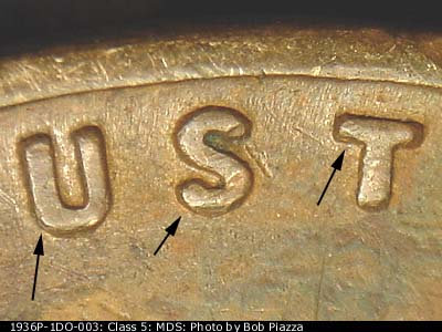 Die-stage B marker on 1936P•1DO•003 (1936 Doubled Die Obverse).
