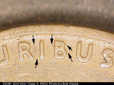 Die-stage B marker on 1936P•1DO•003 (1936 Doubled Die Obverse).