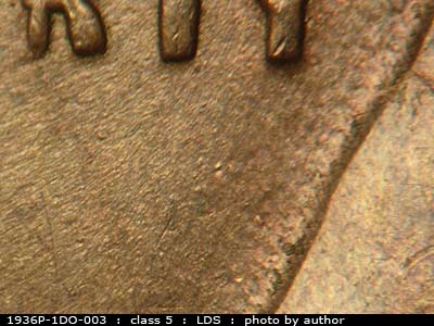 Die-stage C marker on 1936P•1DO•003 (1936 Doubled Die Obverse).