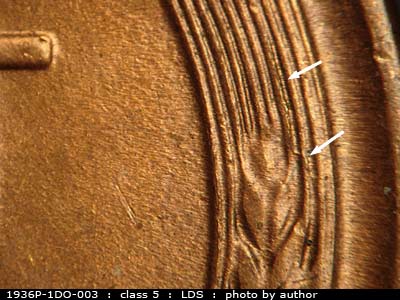 Die-stage C marker on 1936P•1DO•003 (1936 Doubled Die Obverse).