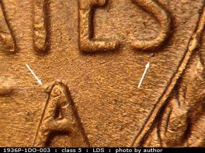 Die-stage C marker on 1936P•1DO•003 (1936 Doubled Die Obverse).