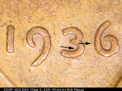 Die-stage A marker on 1936P•1DO•004 (1936 Doubled Die Obverse).