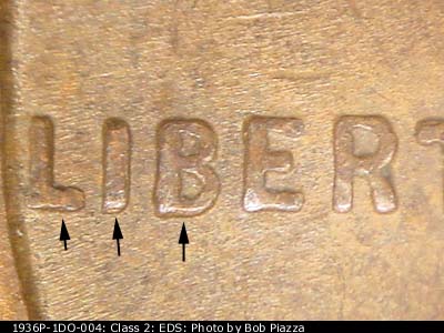Die-stage A marker on 1936P•1DO•004 (1936 Doubled Die Obverse).