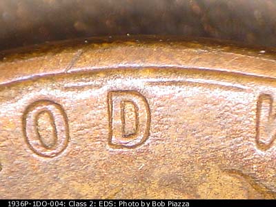 Die-stage A marker on 1936P•1DO•004 (1936 Doubled Die Obverse).