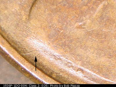 Die-stage A marker on 1936P•1DO•004 (1936 Doubled Die Obverse).