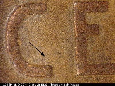 Die-stage A marker on 1936P•1DO•004 (1936 Doubled Die Obverse).