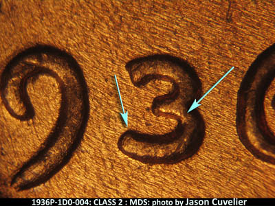Die-stage B marker on 1936P•1DO•004 (1936 Doubled Die Obverse).