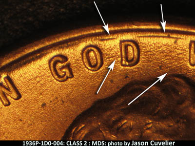Die-stage B marker on 1936P•1DO•004 (1936 Doubled Die Obverse).