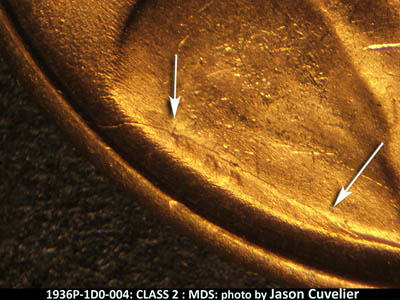 Die-stage B marker on 1936P•1DO•004 (1936 Doubled Die Obverse).
