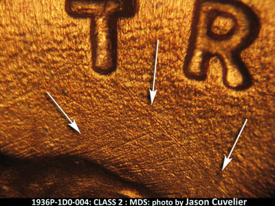 Die-stage B marker on 1936P•1DO•004 (1936 Doubled Die Obverse).
