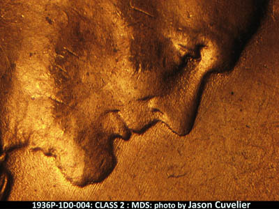 Die-stage B marker on 1936P•1DO•004 (1936 Doubled Die Obverse).