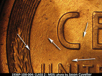 Die-stage B marker on 1936P•1DO•004 (1936 Doubled Die Obverse).